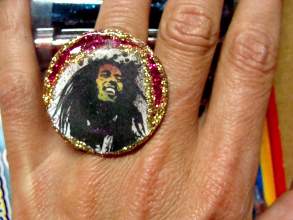 BOB MARLEY glitter statement ring, psychedelic, hippy, ooak