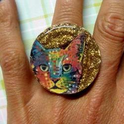 CAT psychedelic glitter resin ring ooak